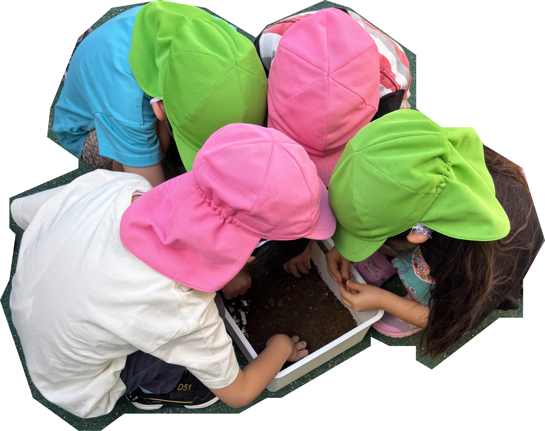 園児たちが興味津々で土を観察している画像